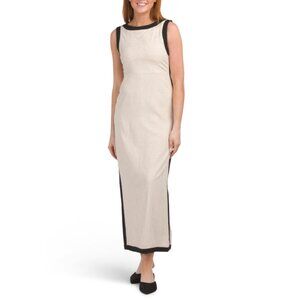 WHITE CLOSET Natural Linen Blend Sleeveless Maxi Dress With Contrast Trim